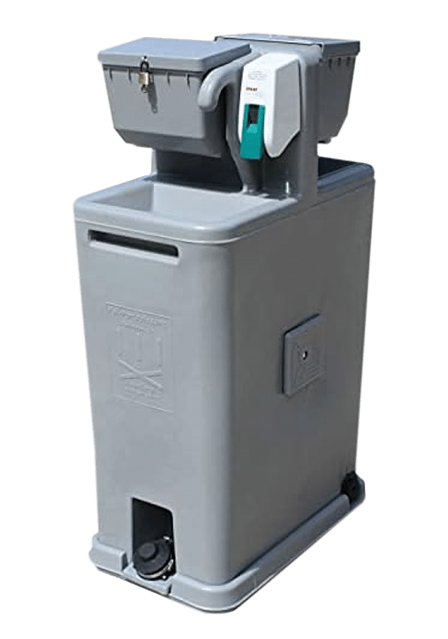 Every station comes equipped with a hands free foot pump, soap dispenser, paper towel, and a garbage bag.